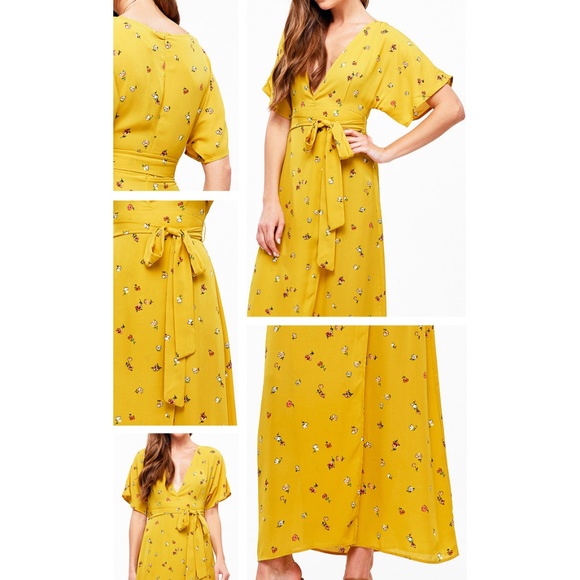 Yellow Plunging V Neck Floral Faux Wrap Maxi Dress - Picture 4 of 8